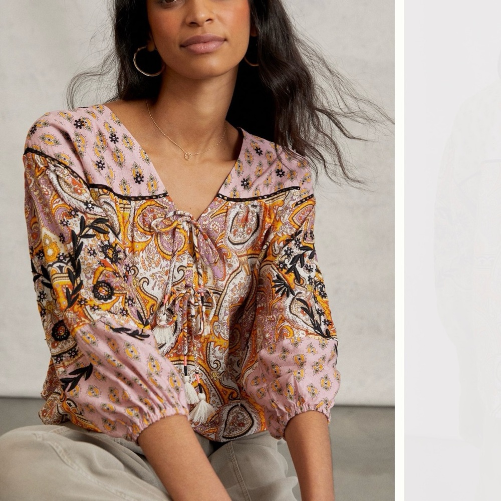 Anthropologie Kayleigh Tie Front Top paisley floral peasant blouse sz Large pink